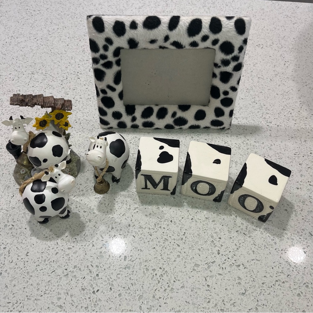 Cow decor lot, frame, figurines, cow ceramic blocks MOO farmhouse decor